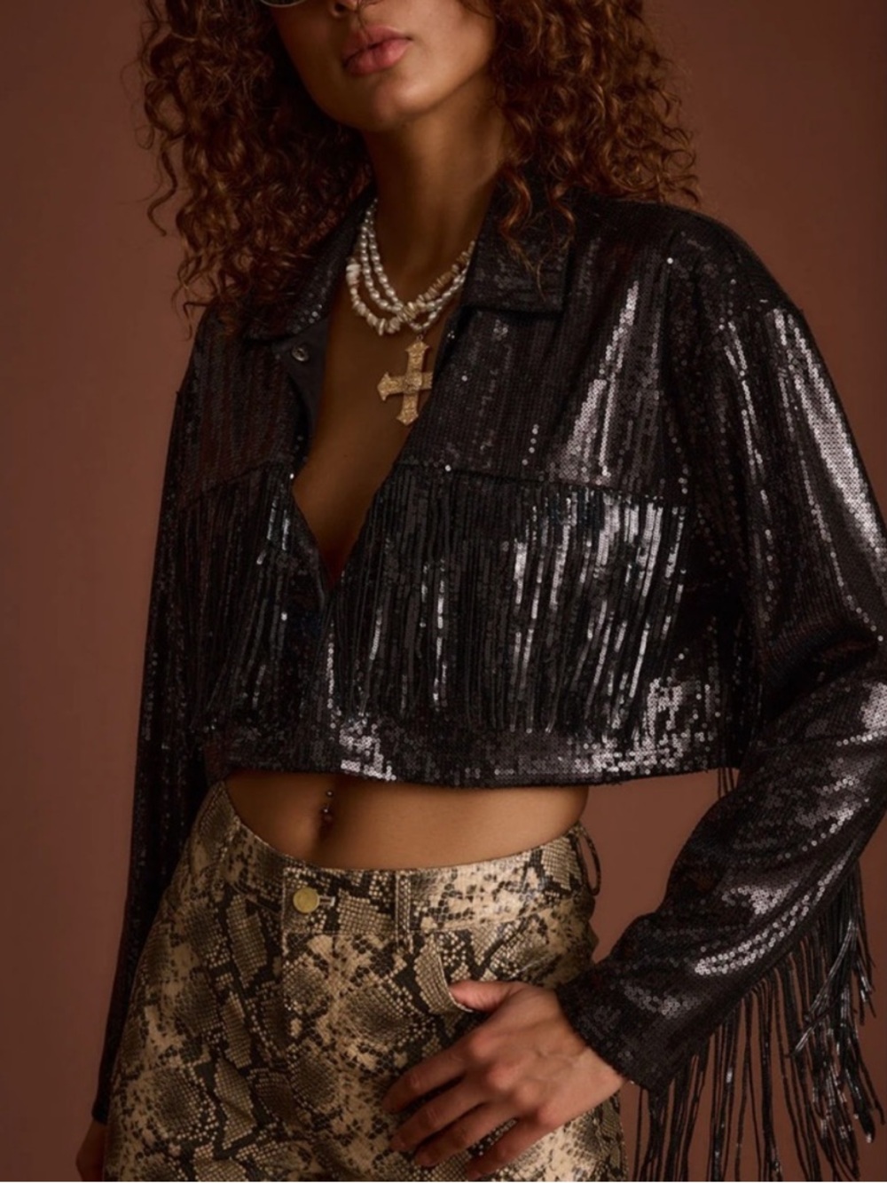 12th Tribe Black Sequin Fringe Cropped Jacket